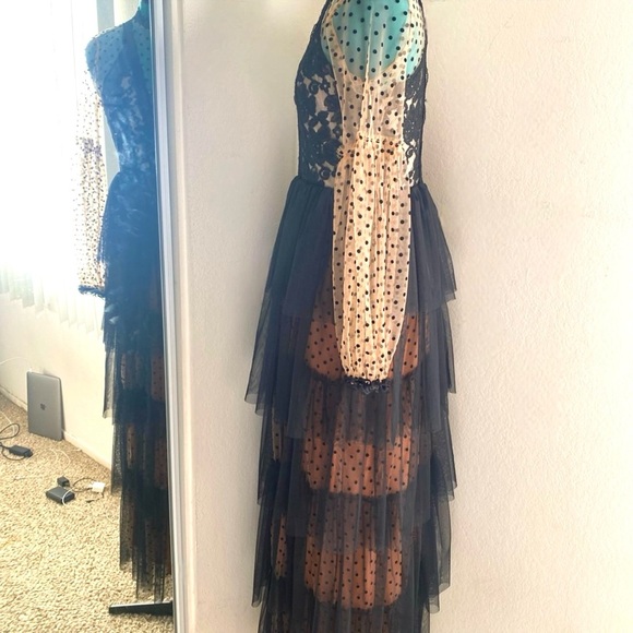 BLACK GOTHIC PEACH ORANGE LACE CORSET RUFFLE CHIFFON DRESS WITH A SLIT. SZ M. - Picture 5 of 5